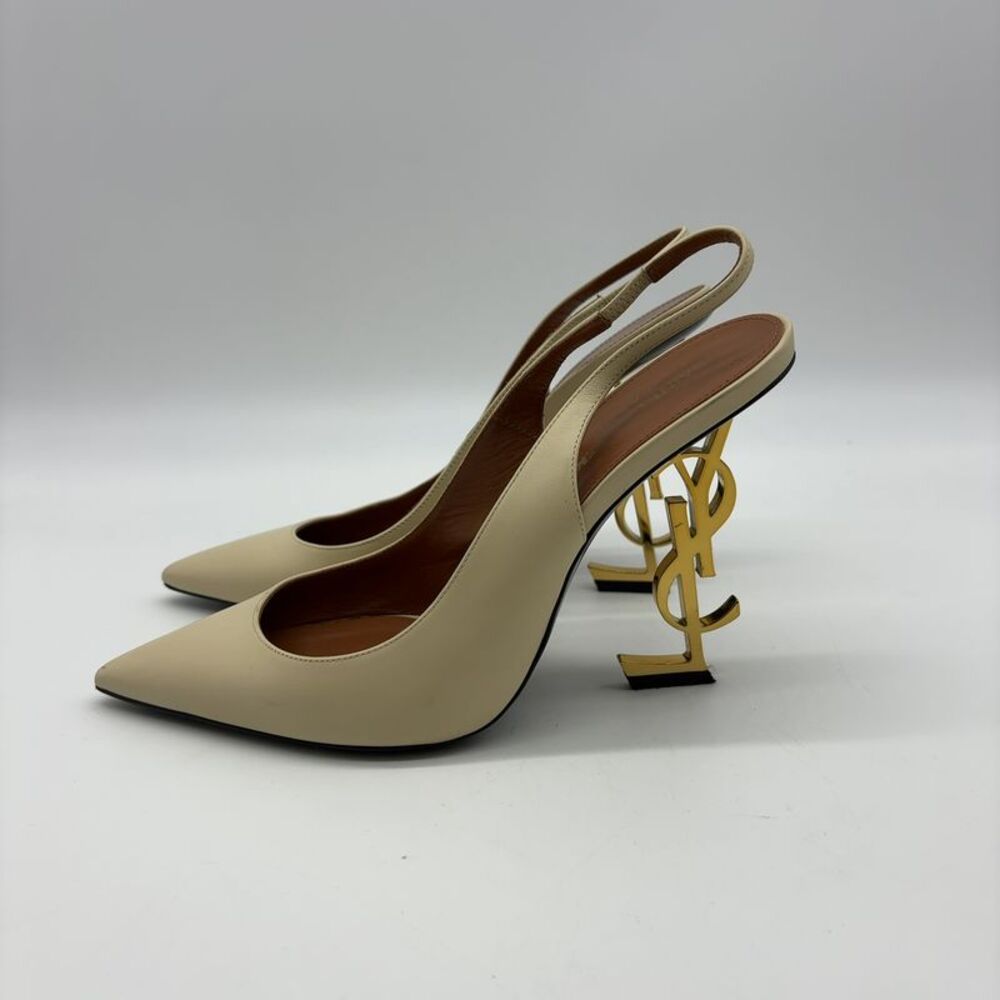Yves Saint Laurent Cream Slingback Heels with Gold Accent - Picture 4 of 10
